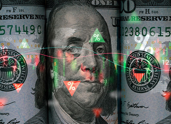 100 dollar bill with a percentae up and down icon on it