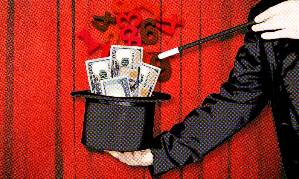 A magician's hand holding a wand and black top hat, from which U.S. dollar bills are emerging, symbolizing social security benefits. The backdrop is a red curtain with scattered colorful letter and number shapes.