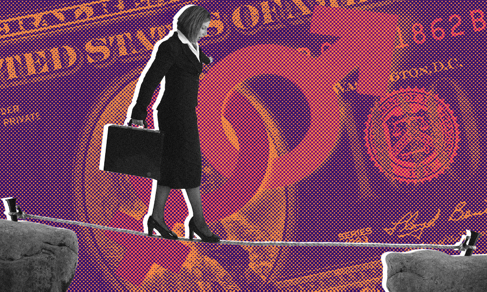 A woman in business attire walks on a tightrope holding a briefcase, symbolizing balance.