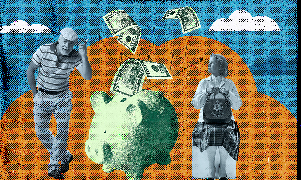 a man and a woman with a piggy bank overflowing with cash