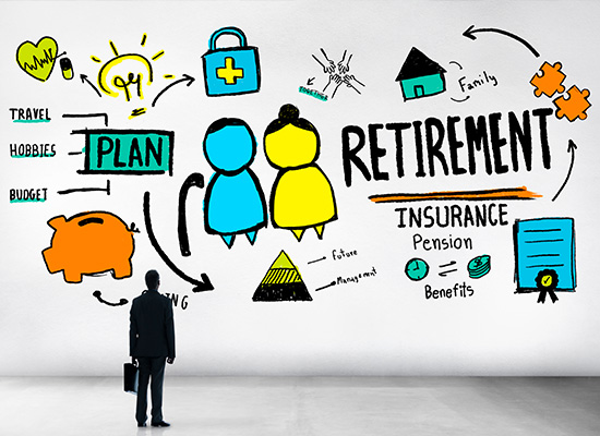 An illustration showing retirement planning concepts including a piggy bank, travel plans, hobbies, insurance, pension benefits, and family considerations, with a silhouette of a person contemplating these elements.