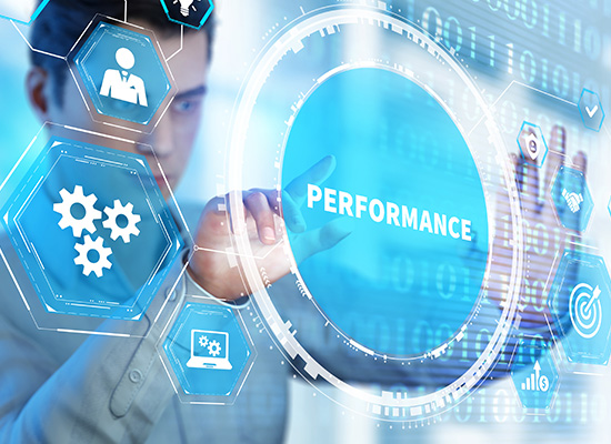 A financial professional works on a digital interface displaying 'PERFORMANCE' with hexagonal icons showing business metrics, analytics, and management tools against a blue technological background.