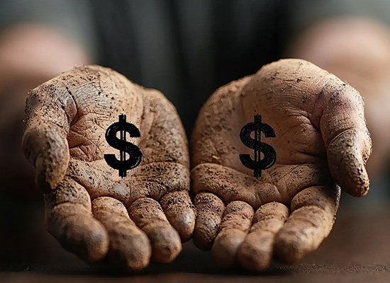 Two dirty, outstretched hands hold dollar signs