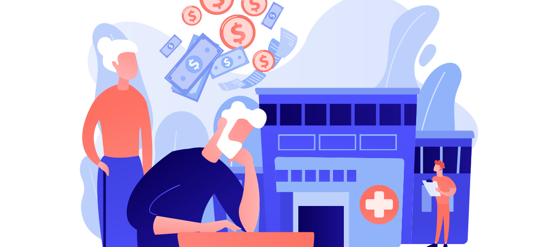 Animated view of a senior couple stressed over finacials, medical expenses and COVID-19