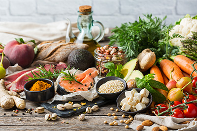 An assortment of healthy foods laid out on a table