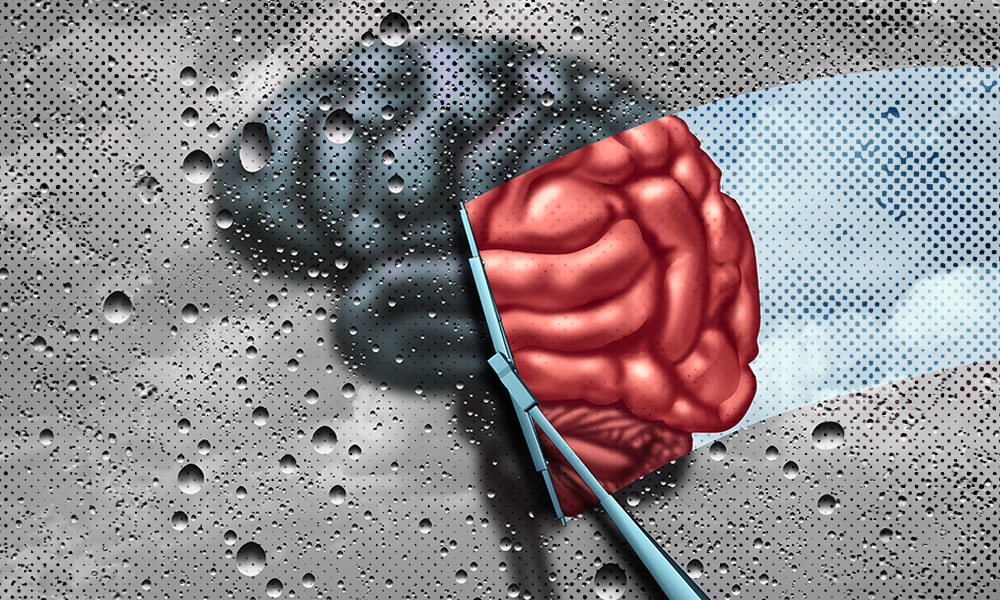 windshield wiper wiping away rain and fog from a brain