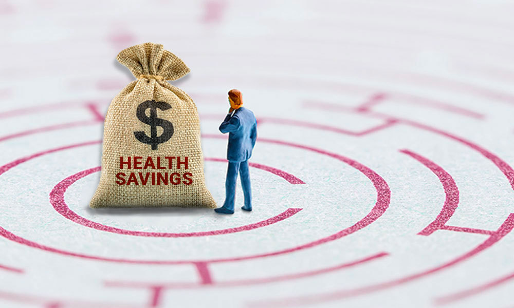 person looking at a bag labeled health savings