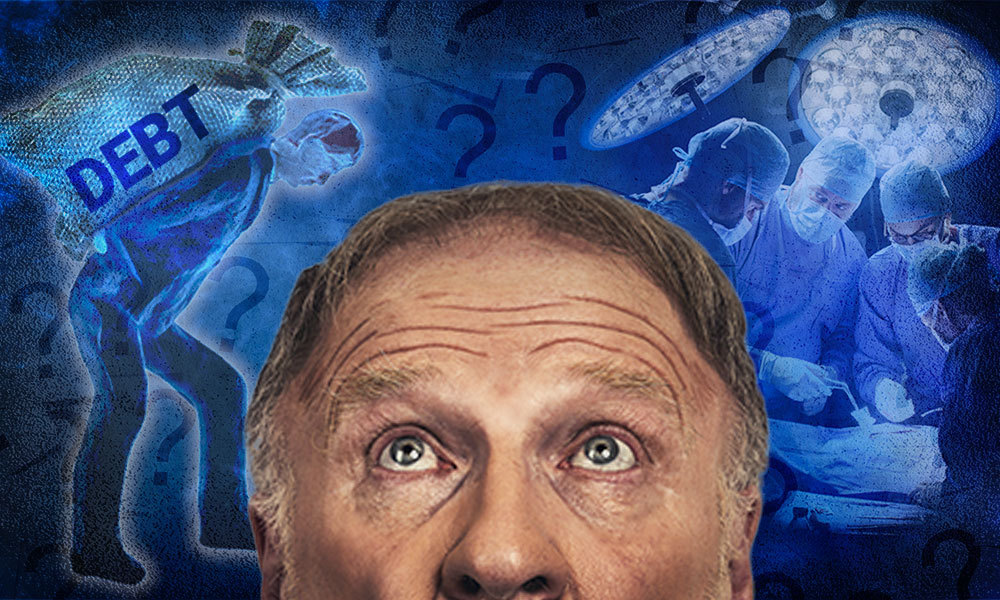 man looking up into bag labeled debt and doctors working