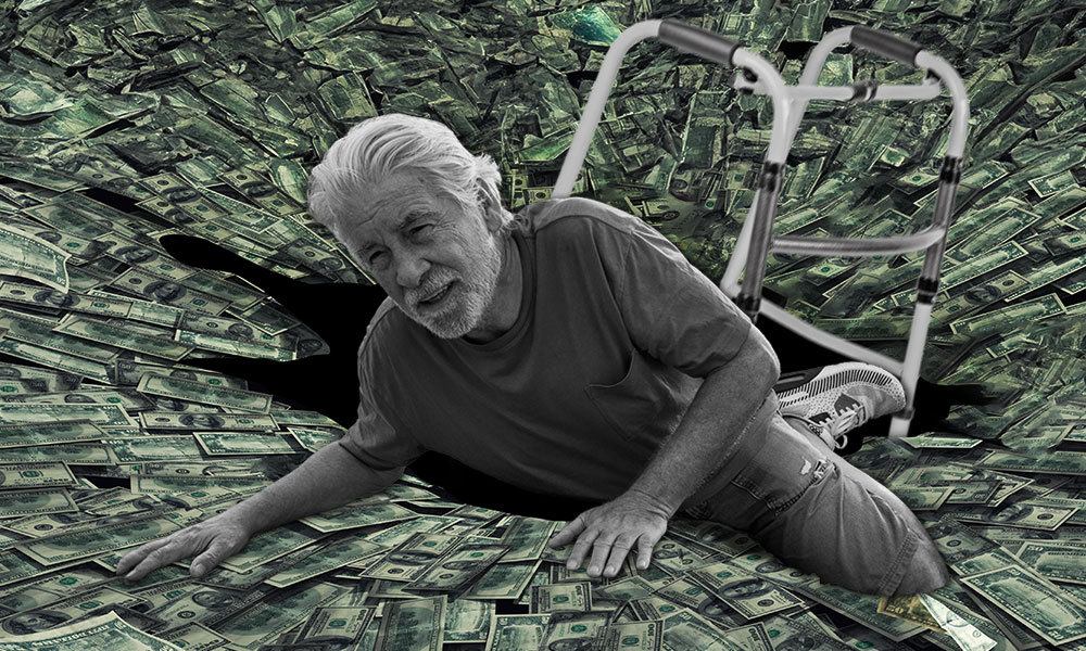 man falling into a sink hole made out of money
