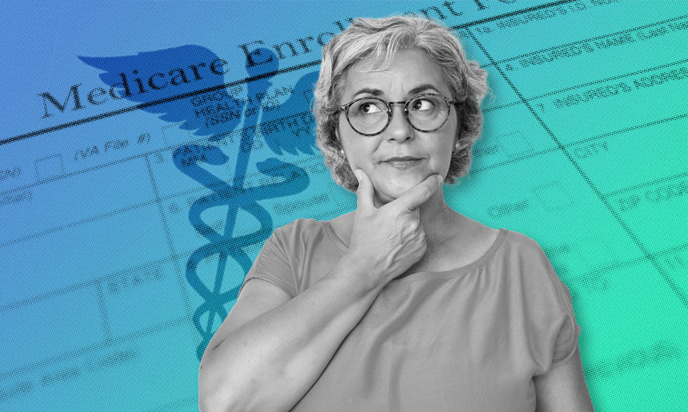 A thoughtful woman with glasses and gray hair looks upwards with her hand on her chin. In the background, there's a partially visible Medicare Enrollment form, reflecting health insurance options for retirement. The image has a blue-green gradient overlay, and a caduceus symbol is also visible.