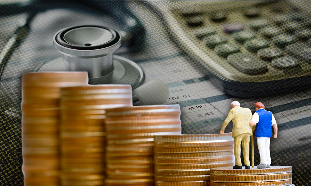 Two elderly figurines are standing on top of the coins, emphasizing the burden and complexity of navigating long-term care insurance for retirees.