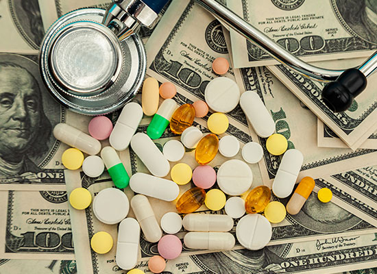 A stethoscope, pills, and cash illustrate the high cost of health care, emphasizing the importance of long-term care insurance in retirement planning