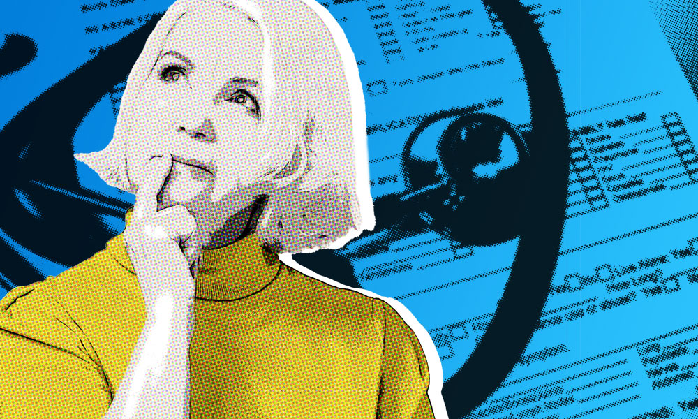 A woman with short blonde hair and wearing a yellow top is shown in a thinking pose against a blue background featuring a stethoscope, a Medicare card, and a medical document. The image has a style reminiscent of pop art with dotted shading and bold outlines.