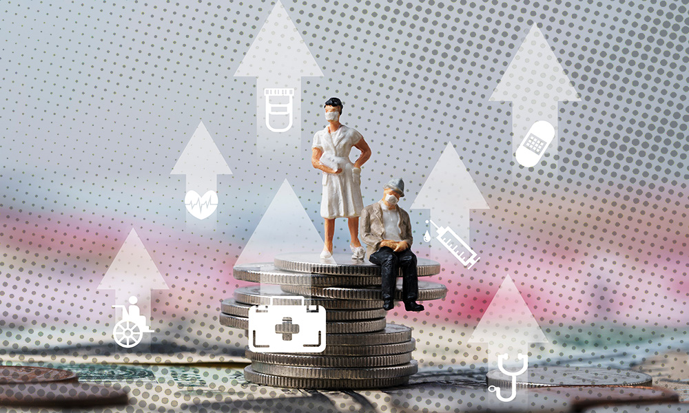 Miniature elderly figures standing on a stack of coins with upward arrows and health care icons, symbolizing the crucial considerations of long-term care insurance in retirement planning.