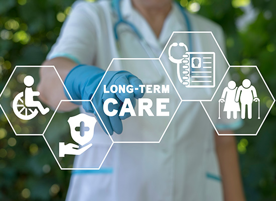 A healthcare professional pointing at icons related to long-term care insurance, representing aspects of Medicare coverage and retirement planning.