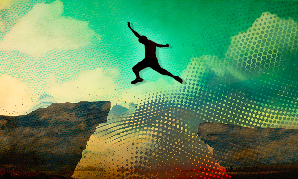 This image depicts the silhouette of a person jumping between rocky cliffs against a vibrant, abstract background, symbolizing the challenge and uncertainty often faced during major life transitions.