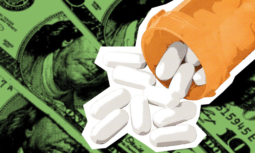 An orange pill bottle spills white capsules onto an image of U.S. dollar bills with a green background, symbolizing the economic aspects of healthcare and prescription medication costs.