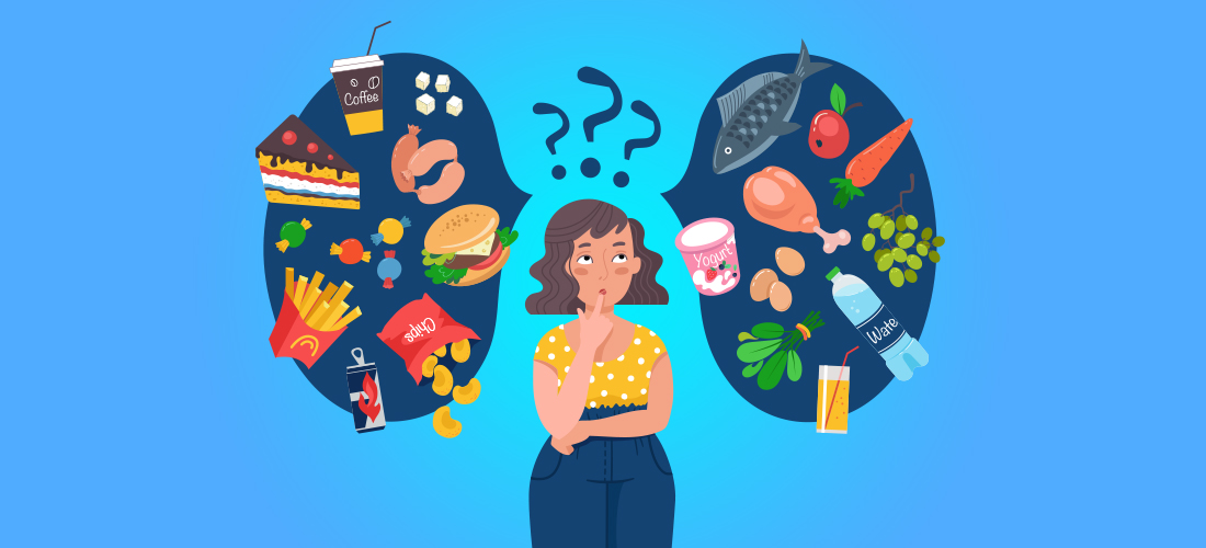 Animated woman contemplating between healthy and unhealthy diets