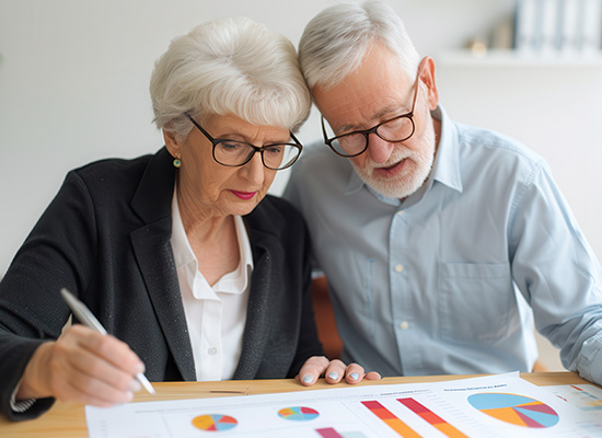  Senior couple reviewing charts and data for personalized retirement planning and asset allocation to ensure financial security and longevity.