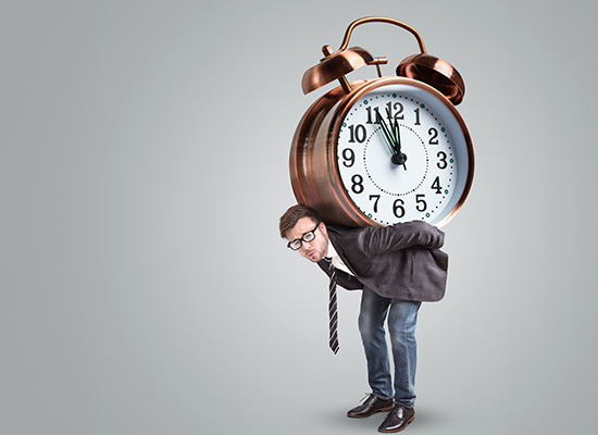 A man struggling to carry a large clock represents the time burden of health care contact days for older adults managing their care.