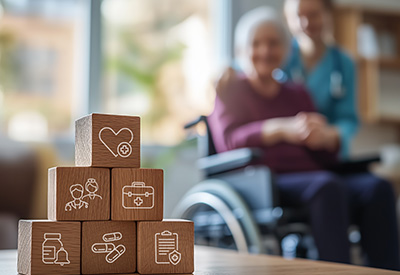 Wooden blocks with medical icons symbolize long-term care and comprehensive healthcare coverage for seniors.