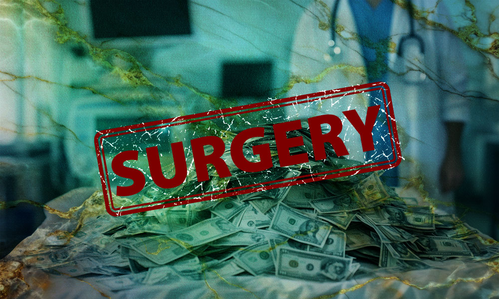 A pile of money with a 'SURGERY' stamp illustrates the high health care costs and complex medical billing practices associated with minor medical procedures, surgical charges, CPT codes, and physician reimbursement.