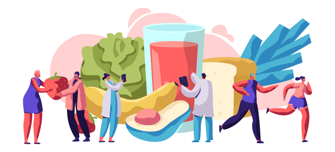 Graphic of people enjoying healthy food and healthy lifestyles
