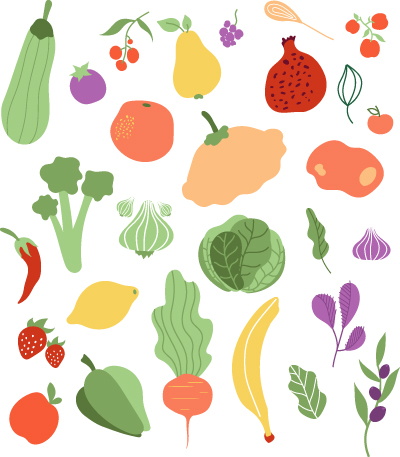 Cartoon drawing of fruits and vegetables