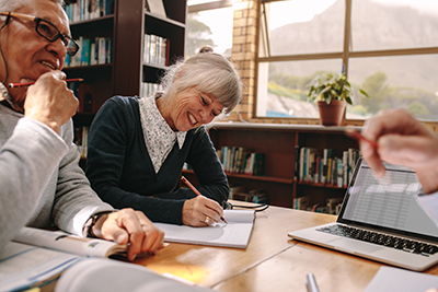 Senior study group in a library