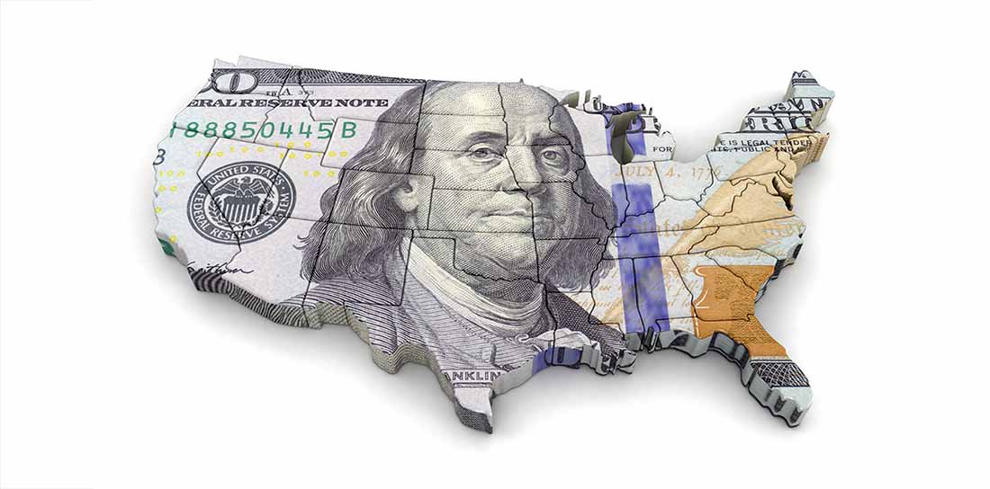Map of the United States of America made out of a one hundred dollar bill