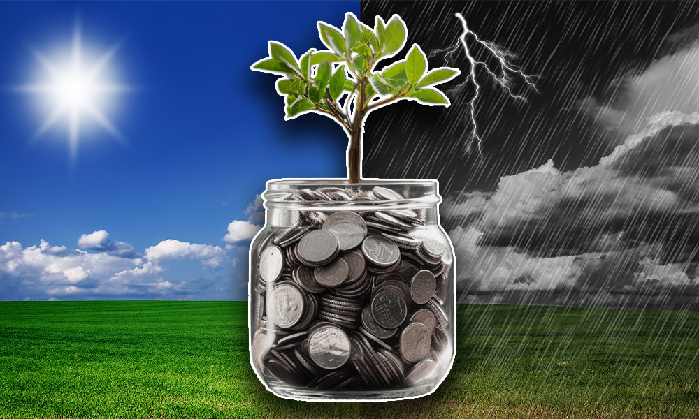 money in a jar with a tree growing from inside, and sunshine on one side with a storm on the other side