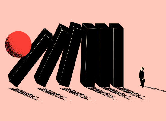 a red ball knocking down blocks like dominoes onto a small business man