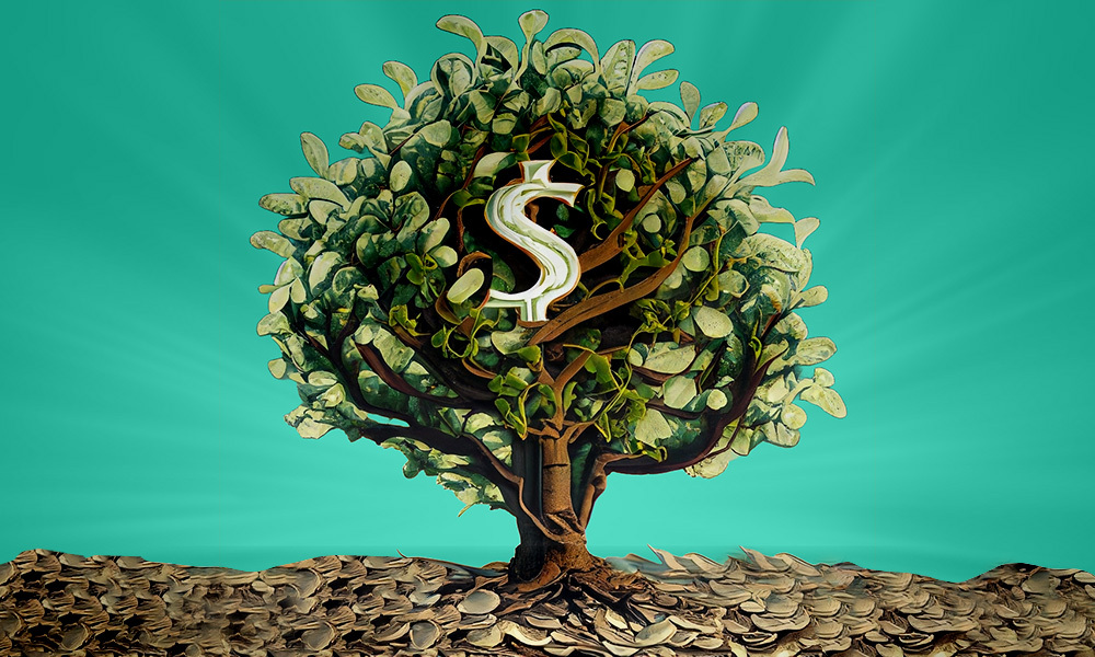 A tree with a dollar sign in the leaves with several leave son the ground