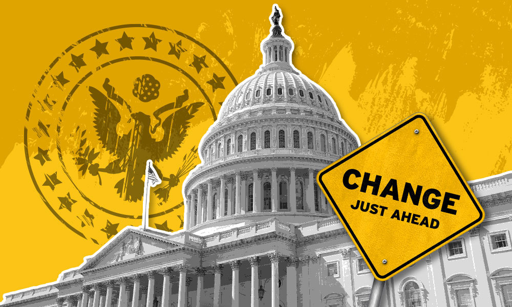 white house with sign that says change ahead