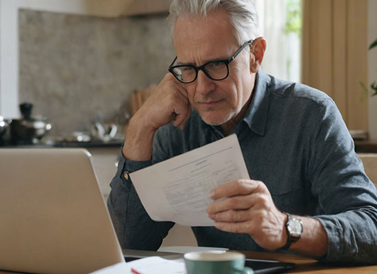 an older gentleman looking at his laptop going over finances