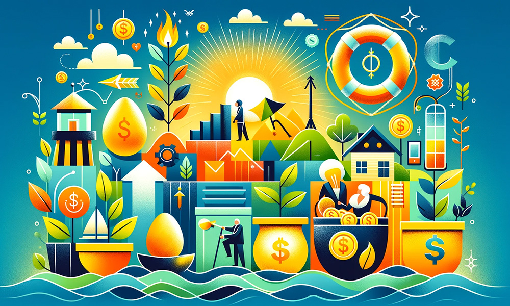 A vibrant and colorful illustration depicting various financial symbols and activities, such as people investing and saving, set in a bustling, stylized cityscape with elements of nature and technology, emphasizing economic growth and financial security.