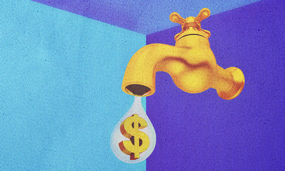 Illustration of a golden faucet with a drop of water dangling from it, containing a dollar sign, against a split blue and purple background.