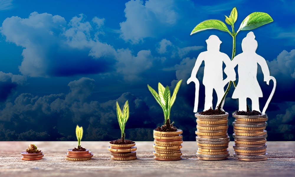 Paper cutouts of a man and a woman standing on growing stacks of coins with small plants sprouting, against a blue sky with clouds background.