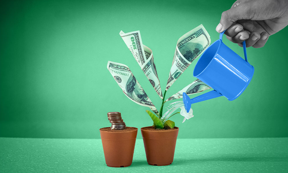 A hand holding a blue watering can pouring water on two terracotta pots, with one pot growing coins and the other sprouting dollar bills, against a green background.