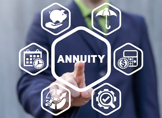 A person in a business suit touches a virtual interface with icons related to an annuity, including symbols for savings, insurance, and time management.