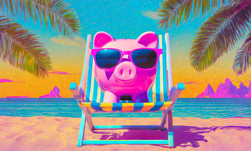 A vibrant illustration of a pink piggy bank wearing sunglasses, symbolizing retirement planning, lounging on a beach chair between palm trees, with a scenic beach and mountains in the background.