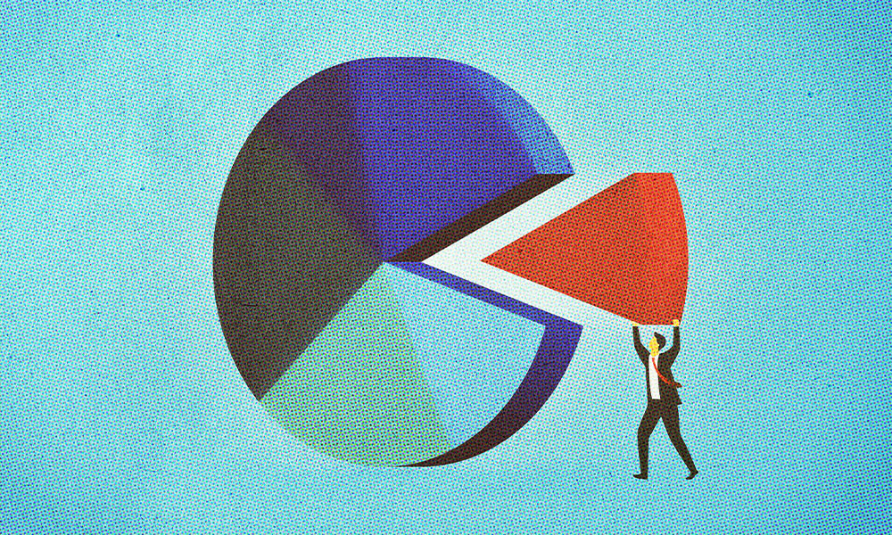 A stylized illustration of a person in a suit pushing a large, colorful pie chart representing asset allocation, with a segment coming out, set against a textured teal background.