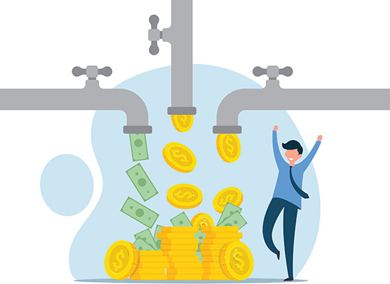  An illustration of a happy person with arms raised celebrating as money in the form of coins and bills flows from three faucets into a growing pile.