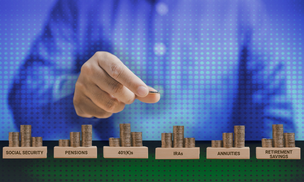 A hand holds a coin over stacks of coins labeled with different retirement savings options such as Social Security, pensions, 401(k)s, IRAs, annuities, and retirement savings, against a digital blue background.