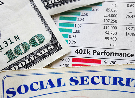A collection of financial documents including a Social Security statement, a 401(k) performance chart, and U.S. currency, implying a focus on retirement planning.