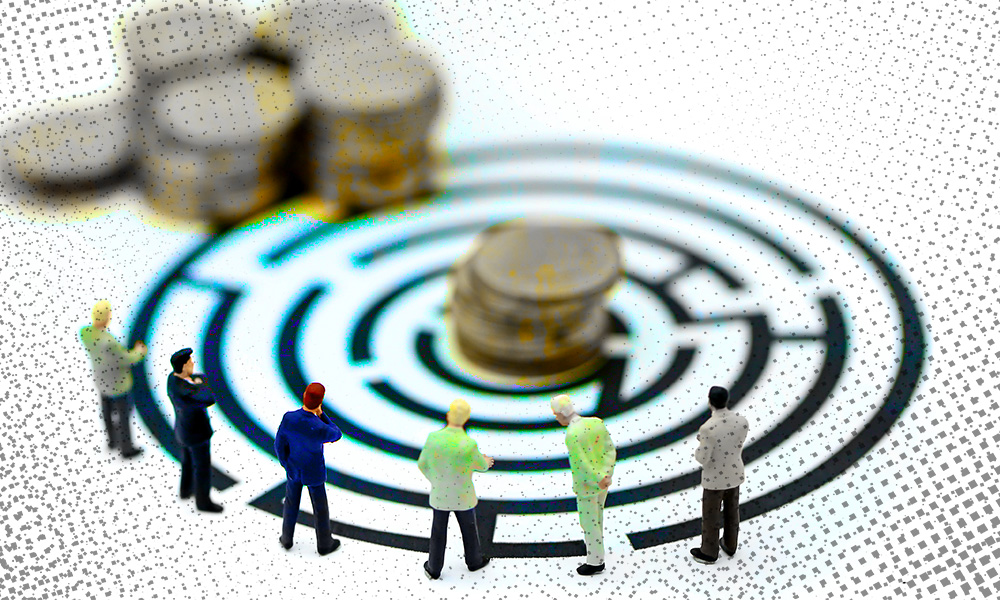 Miniature figures stand around a labyrinth with a stack of coins at the center, symbolizing strategies for reliable retirement income