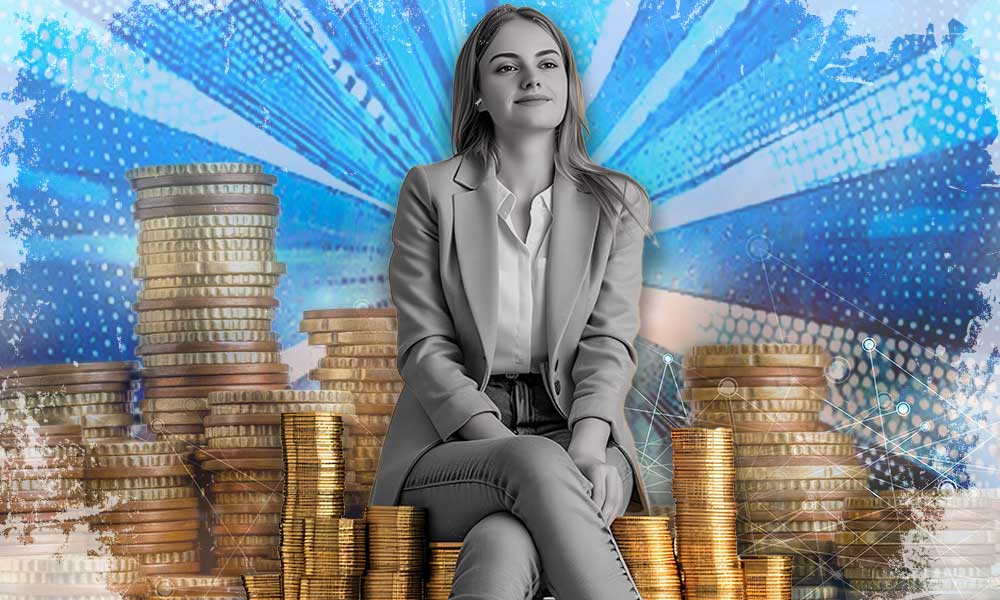 Confident woman surrounded by stacks of coins against a dynamic background, symbolizing retirement planning for women's unique
         challenges and strategies.