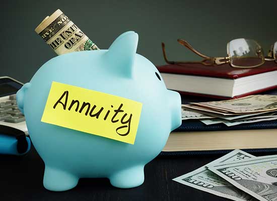 A blue piggy bank labeled 'Annuity' with cash sticking out, representing annuities as a secure retirement income option.