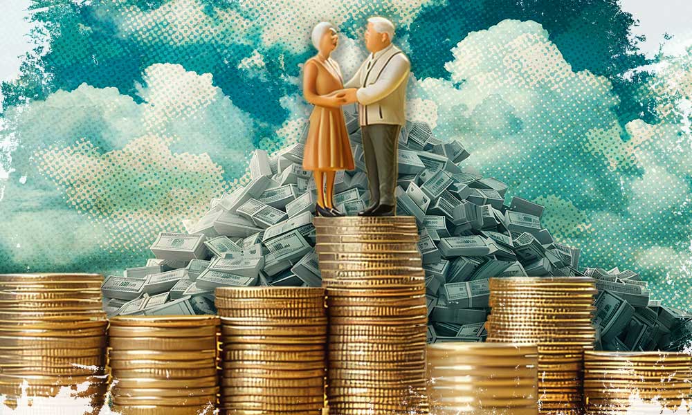 A figurine of an elderly couple standing on top of a stack of coins with a background of cash, symbolizing retirees' confidence to spend and enjoy financial security during their golden years.