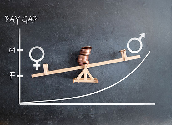 A chalkboard features a graph labeled 'PAY GAP' with 'M' and 'F' on the vertical axis. A seesaw with coins on the male symbol side is tilted upward, highlighting the gender gap. The female symbol side is lower, illustrating how this disparity can impact retirement planning for women.